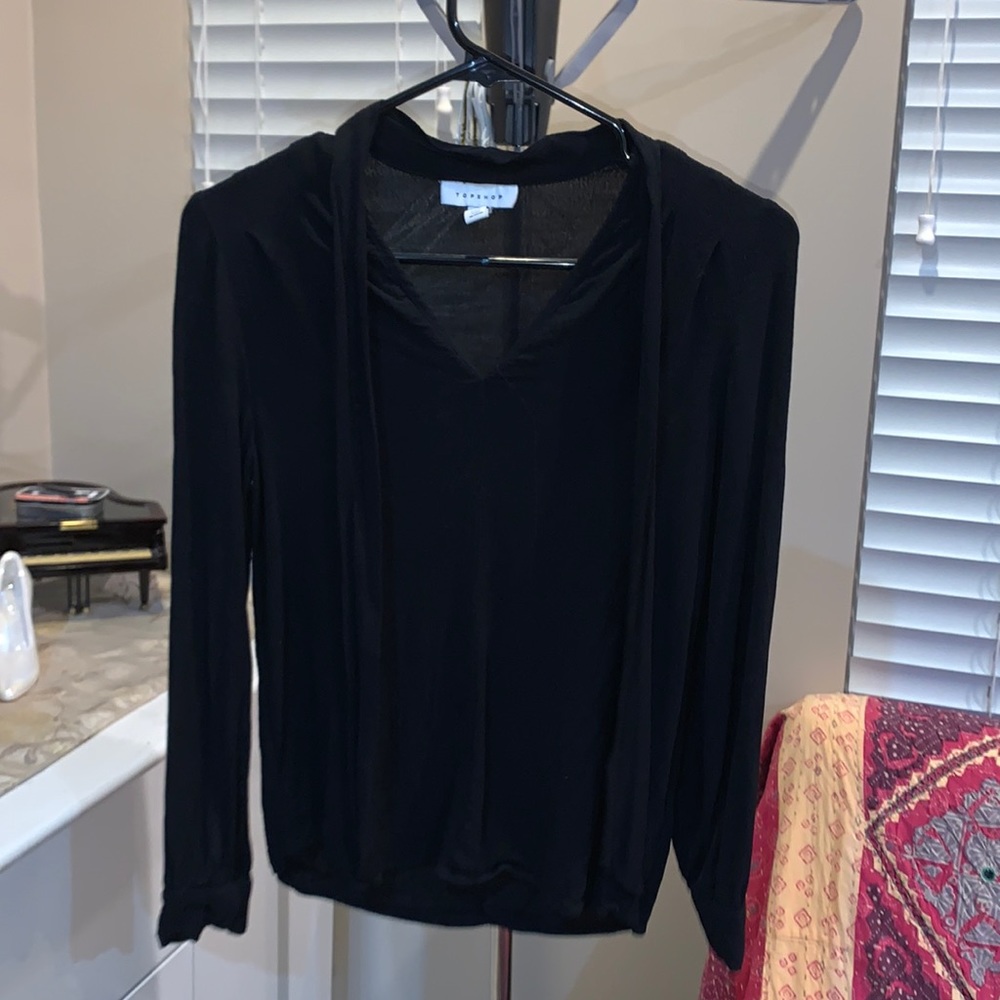 Topshop black tie neck blouse